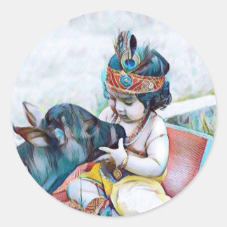 söt lord krishna med ko runt klistermärke