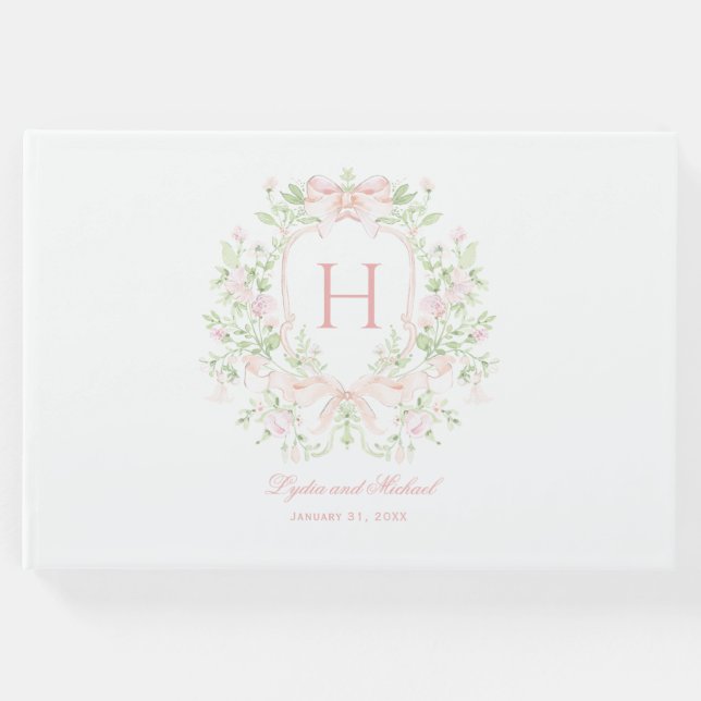 Söt Löv Vapensköld med Rosa Bows | Monogram Bröllo Gästböcker (Framsida)