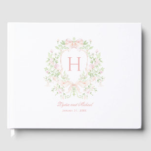 Söt Löv Vapensköld med Rosa Bows Monogram Bröllo Gästböcker