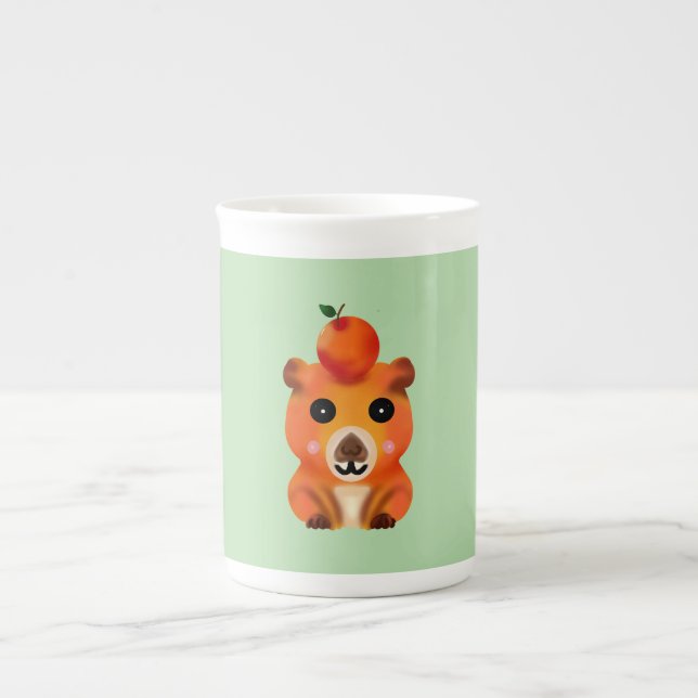 Söt Luddig Kapybara med Orange | Kawaii Djur Ar Benporslin Mugg (Framsidan)