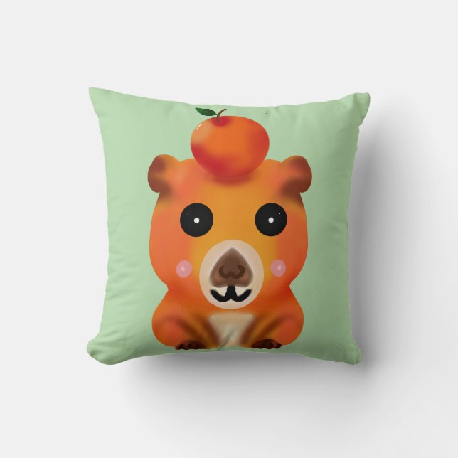 Söt Luddig Kapybara med Orange | Kawaii Djur Ar Kudde (Framsida)
