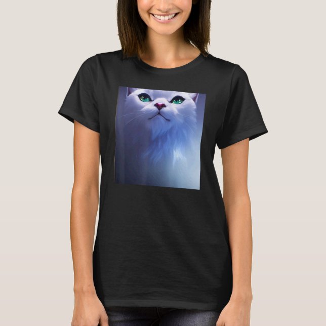 Söt Luddig Vit Katt med Gröna Ögon T Shirt (Framsida)