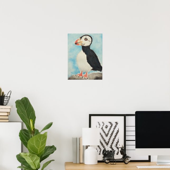 Söt Lundefågel Akvarell Alaska Djur Konst Poster (Hemmakontoret)