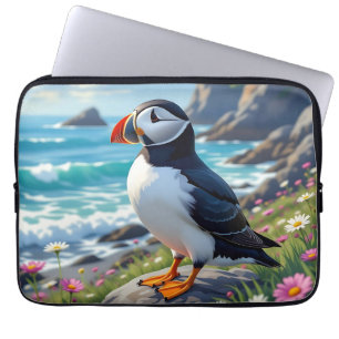 Söt lunnefågel på den sjöstranden tematiserad laptop fodral