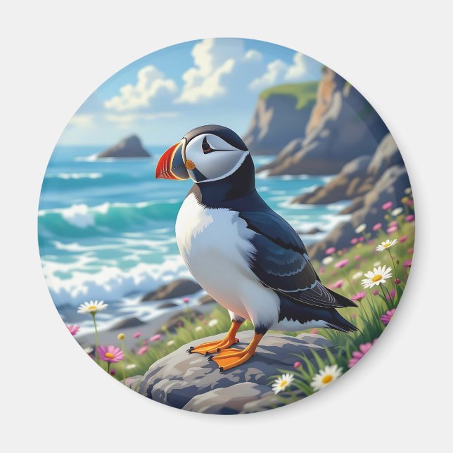 Söt lunnefågel vid havsstranden med tema   magnet (Framsidan)