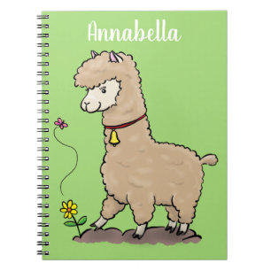 Söt lycklig alpaca med fjäril tecknad film anteckningsbok