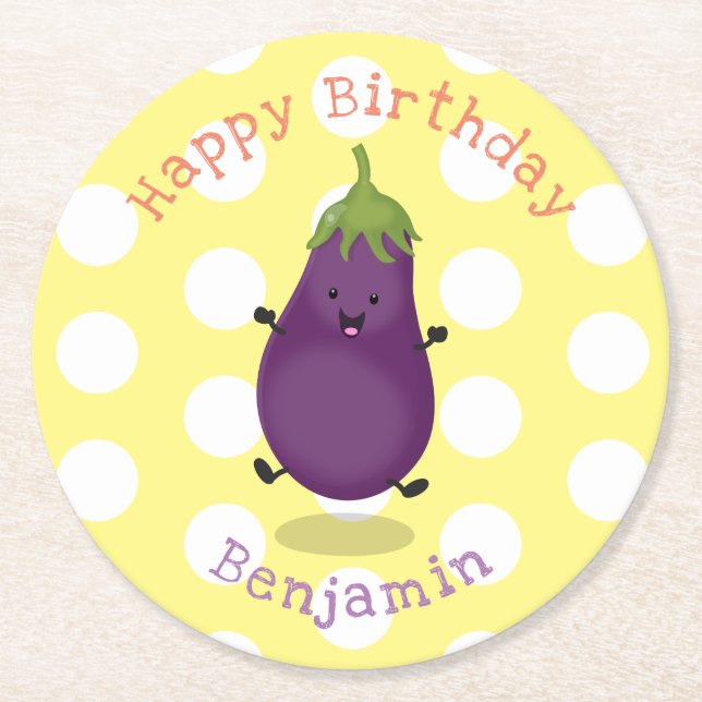 Söt lycklig aubergine cartoonillustration underlägg papper rund (Framsidan)