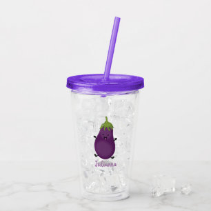 Söt lycklig aubergine illustration i tecknad stil take away mugg