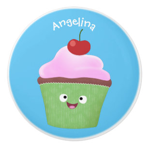Söt lycklig cupcake serieillustration knopp