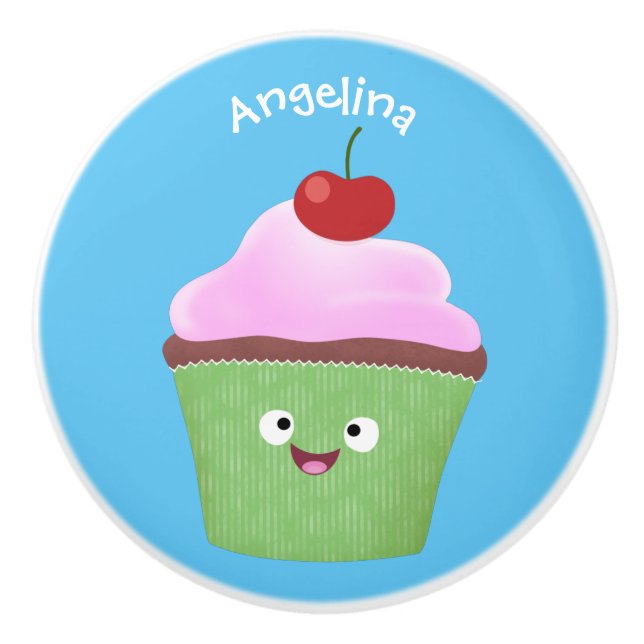 Söt lycklig cupcake serieillustration knopp (Framsidan)