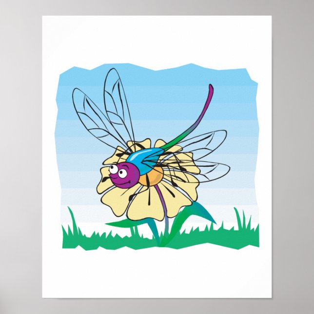 Söt lycklig drakonfluga på blomma poster (Framsidan)