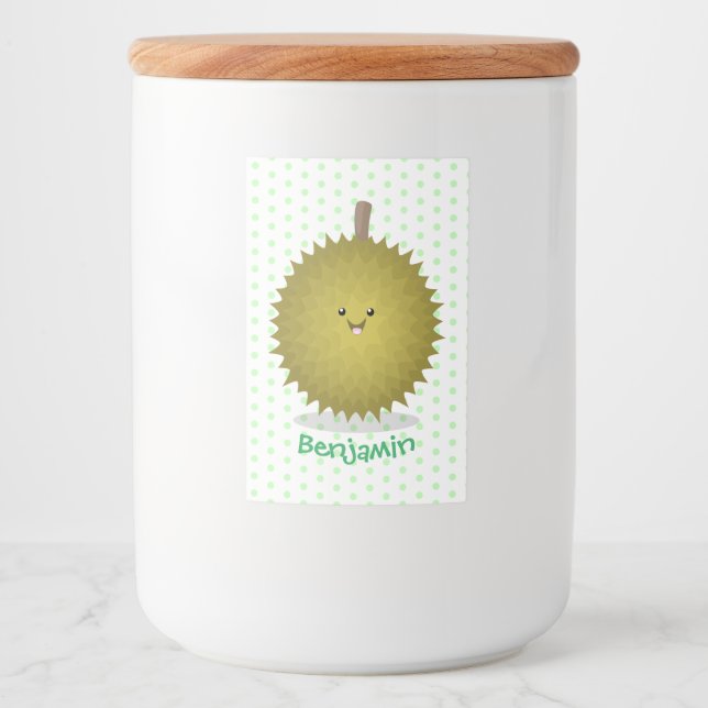 Söt lycklig durian-serieillustration mat etikett (Framsida)