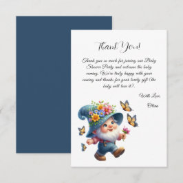 Söt lycklig Gnome med fjäril Baby Shower Tack Kort