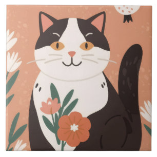 Söt lycklig katt med vårblommor kakelplatta