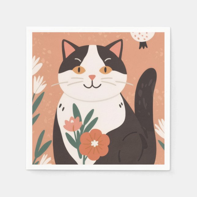 Söt lycklig katt med vårblommor  pappersservett (Framsidan)