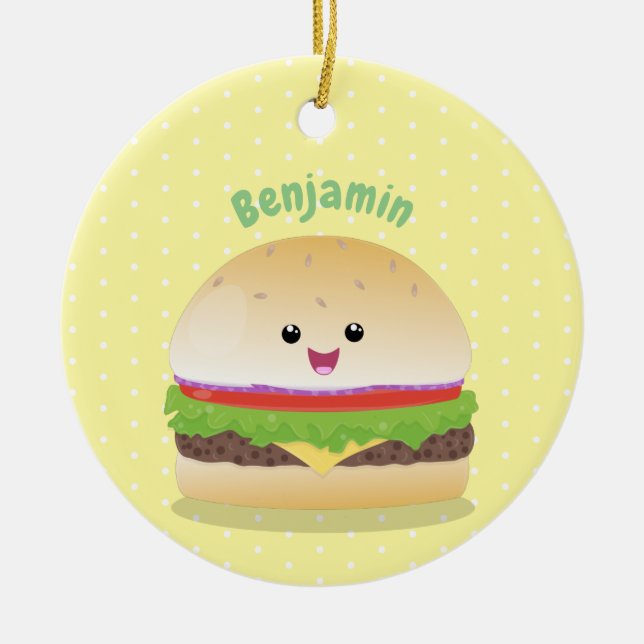 Söt lycklig kawaii hamburgare seriefigur julgransprydnad keramik (Framsidan)