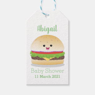 Söt lycklig kawaii hamburgare tecknad presentetikett