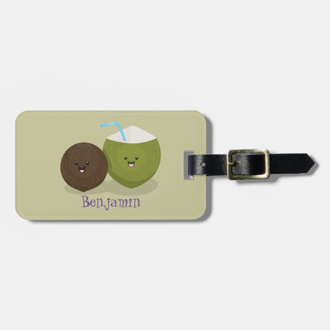 Söt lycklig kawaii kokosnöt tecknad illustration bagagebricka (Horisontell Framsida)