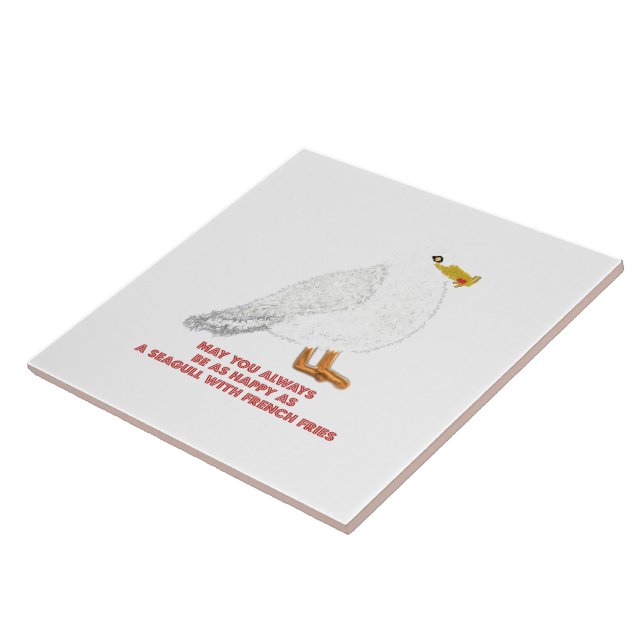 Söt lycklig mås med pommes frites kakelplatta (Sidan)