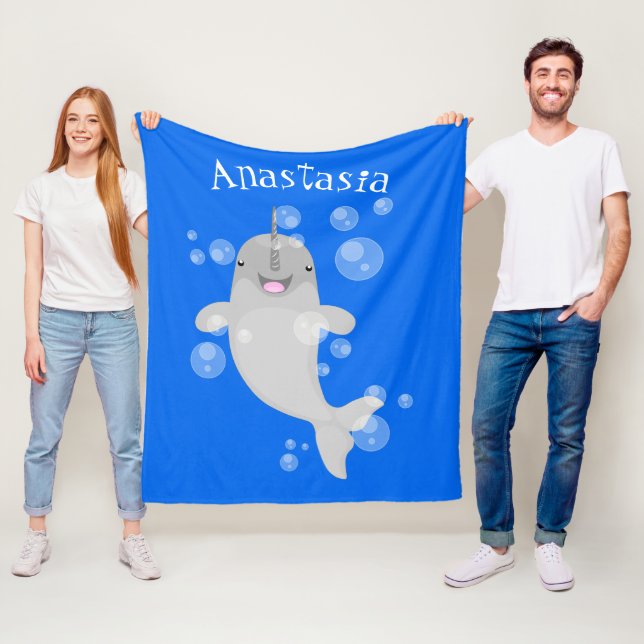 Söt lycklig narval bubblar serieillustration fleecefilt (På plats)