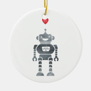 Söt, Lycklig Robot med Lilla Red Heart Julgransprydnad Keramik