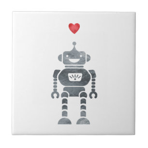 Söt, Lycklig Robot med Lilla Red Heart Kakelplatta