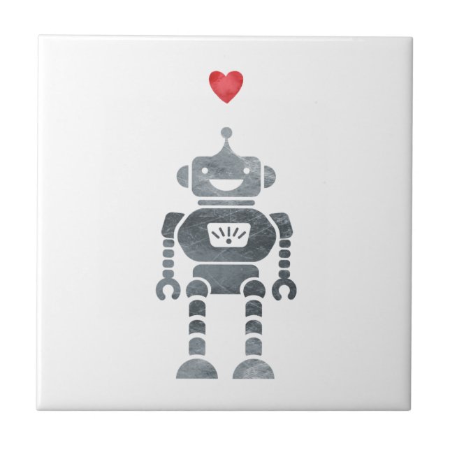 Söt, Lycklig Robot med Lilla Red Heart Kakelplatta (Framsidan)