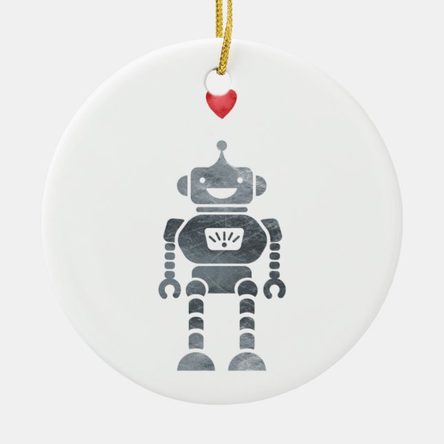 Söt, Lycklig Robot med Little Red Heart Julgransprydnad Keramik (Framsidan)