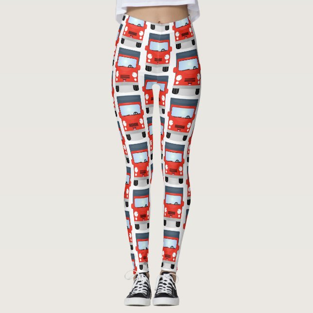 Söt lycklig röd lastbil tecknad illustration leggings (Framsida)