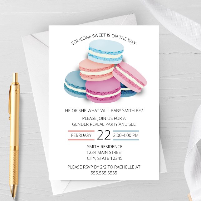 Söt Macaron Könsbestämmande Festinbjudan Inbjudningar (Macaron Gender Reveal Invitation | Sweet Dessert Gender Reveal Party Invitation)