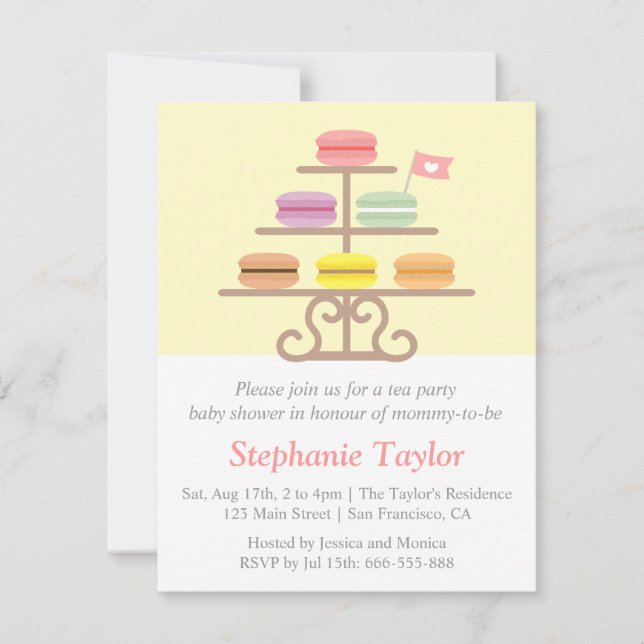 Söt Macaron, Tea Party Baby Shower, Blivande Mamma Inbjudningar (Framsida)