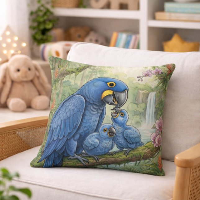 Söt Macaw-Mamma Och Kycklingar Djungeldjur  Kudde (Skapare uppladdad)