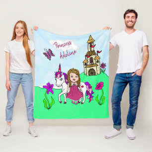Söt Magenta Princess och Unicorn Personlig Fleecefilt