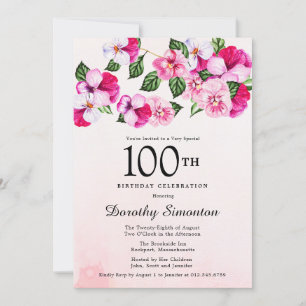 Söt Magenta Rosa Vit Blommigt 100 födelsedagar Inbjudningar
