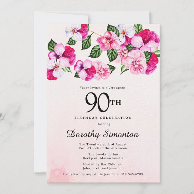 Söt Magenta Rosa Vit Blommigt 90:e födelsedag Inbjudningar (Framsida)