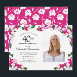 Söt Magenta Rosa Vit foto 40 födelsedagar Inbjudningar<br><div class="desc">En elegant ram med vattenfärgsrutor omger den 50:e födelsedagsfesten information och bild. Den ljusa och färglösa magentan, rosan och den vita blommigten är perfekt för vår eller sommarfödelsedag. All text är redigerbar så att du kan skapa bara högernas visare. Baksidan av inbjudan är ett vitaktigt blommigt på magentan. Den här...</div>