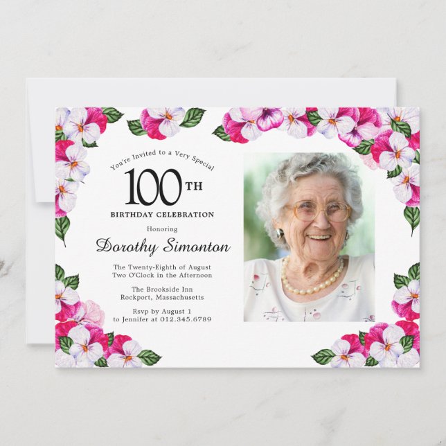 Söt Magenta Rosa Vitfoto 100:e födelsedagen Inbjudningar (Framsida)