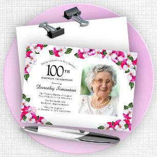 Söt Magenta Rosa Vitfoto 100:e födelsedagen Inbjudningar