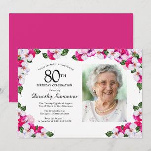 Söt Magenta Rosa Vitfoto 80 födelsedagar Inbjudningar