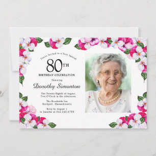 Söt Magenta Rosa Vitfoto 80 födelsedagar Inbjudningar