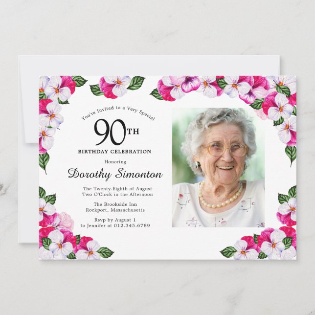 Söt Magenta Rosa Vitfoto 90:e födelsedag Inbjudningar (Framsida)
