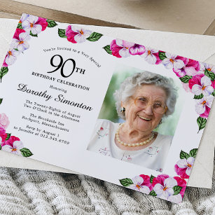 Söt Magenta Rosa Vitfoto 90:e födelsedag Inbjudningar