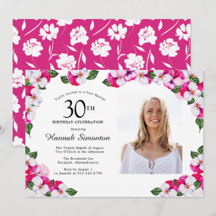 Söt Magenta Rosa White Photo 30års födelsedag Inbjudningar