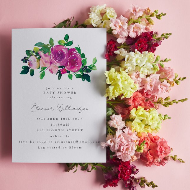 Söt Magenta Vattenfärgsblommor Cute Baby Shower Inbjudningar (Skapare uppladdad)