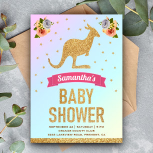 Söt Magisk Guld Glitter Känguru Bebis Shower Inbjudningar
