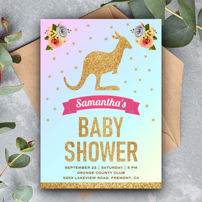 Söt Magisk Guld Glitter Känguru Bebis Shower Inbjudningar (Skapare uppladdad)
