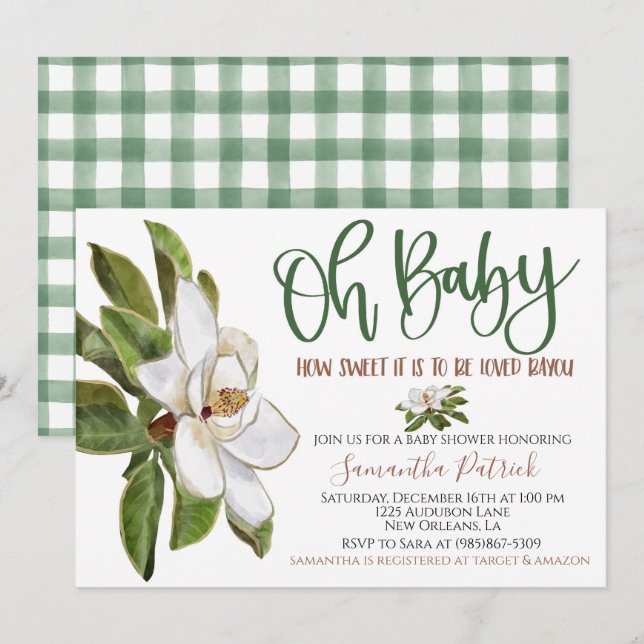 Söt Magnolia Bayou Baby Shower-inbjudan Inbjudningar (Fram/baksida)