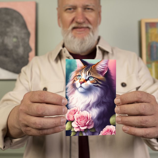 Söt Maine Coon & Flowers Porträtt Kort (Skapare uppladdad)