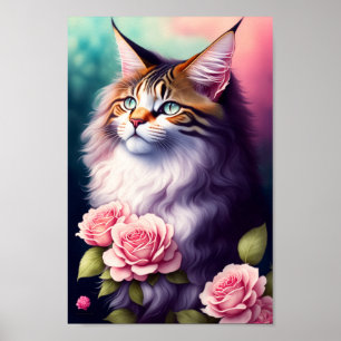 Söt Maine Coon & Flowers Porträtt Poster