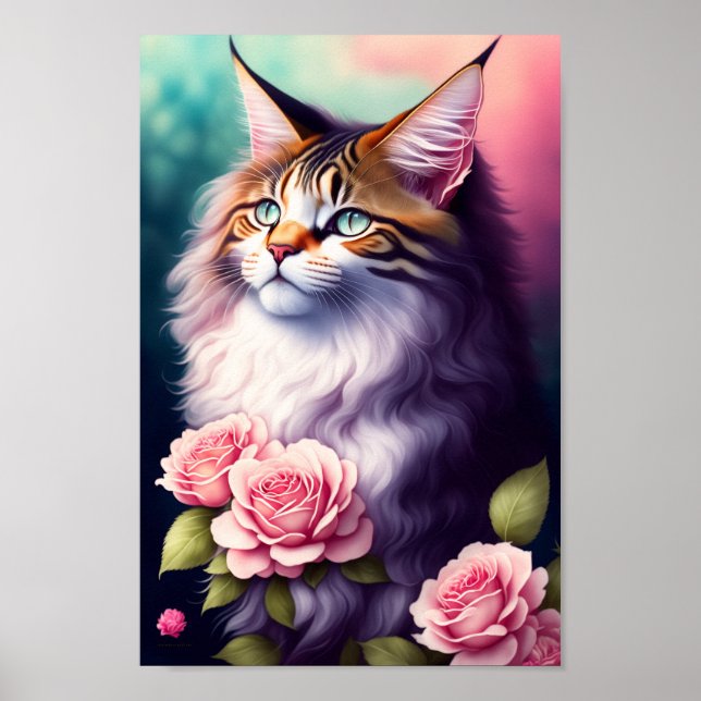 Söt Maine Coon & Flowers Porträtt Poster (Framsidan)